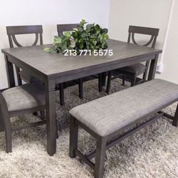 6-pc Dining Table Set With Bench Grey Solid Wood