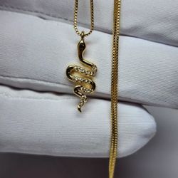 Gold Plated Snake Pendant Necklace With Box Chain, Cubic Zirconia Women