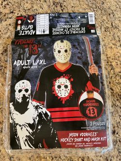 Jason Halloween mask and hockey jersey