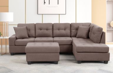  Fabric Reversible Sectional Sofa & Ottoman w/ Throw Pillows