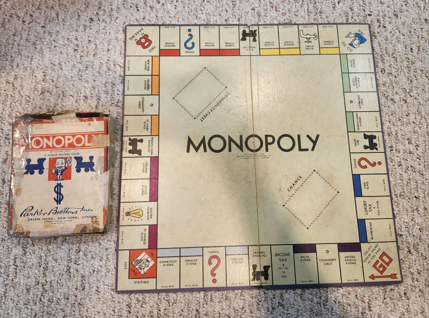Vintage 1936 Monopoly Game by PARKER BROTHERS w/ BOARD Missing Some Cards