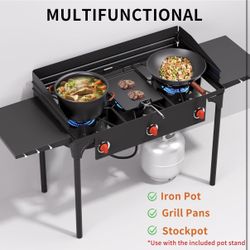 3 Burners Portable Propane Stove with Wind Panel&Side Shelves, Camping Propane Stove, Outdoor Stove for Camping