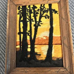 Longstich Crewel Embroidery Fall Trees Sunset Framed Art