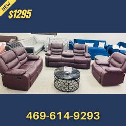 Brown Leather Recliner Set All 3pcs Sofa Loveseat Chair 