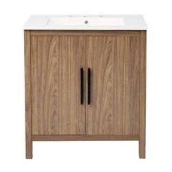 NEW 30 in. Single Sink Natural Brown Wood Color Bath Vanity with White Ceramic Top