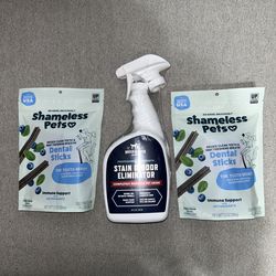 Shameless dental treats + pet stain cleaner