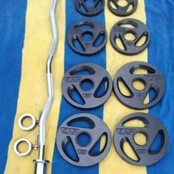 NEW CAP CURL BAR. &. EASY GRIP OLYMPIC PLATES  :  FOUR  10s  &  (PAIRS OF)  :  5s  &  2.5s 