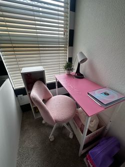 Pink Desk + Chair + Lamp + White Storage Shelf Set