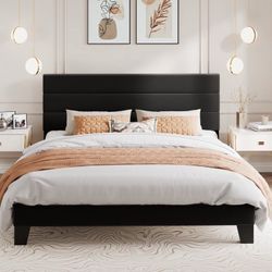 King Bed Frame, Platform Bed Frame with Velvet Upholstered Headboard, Black