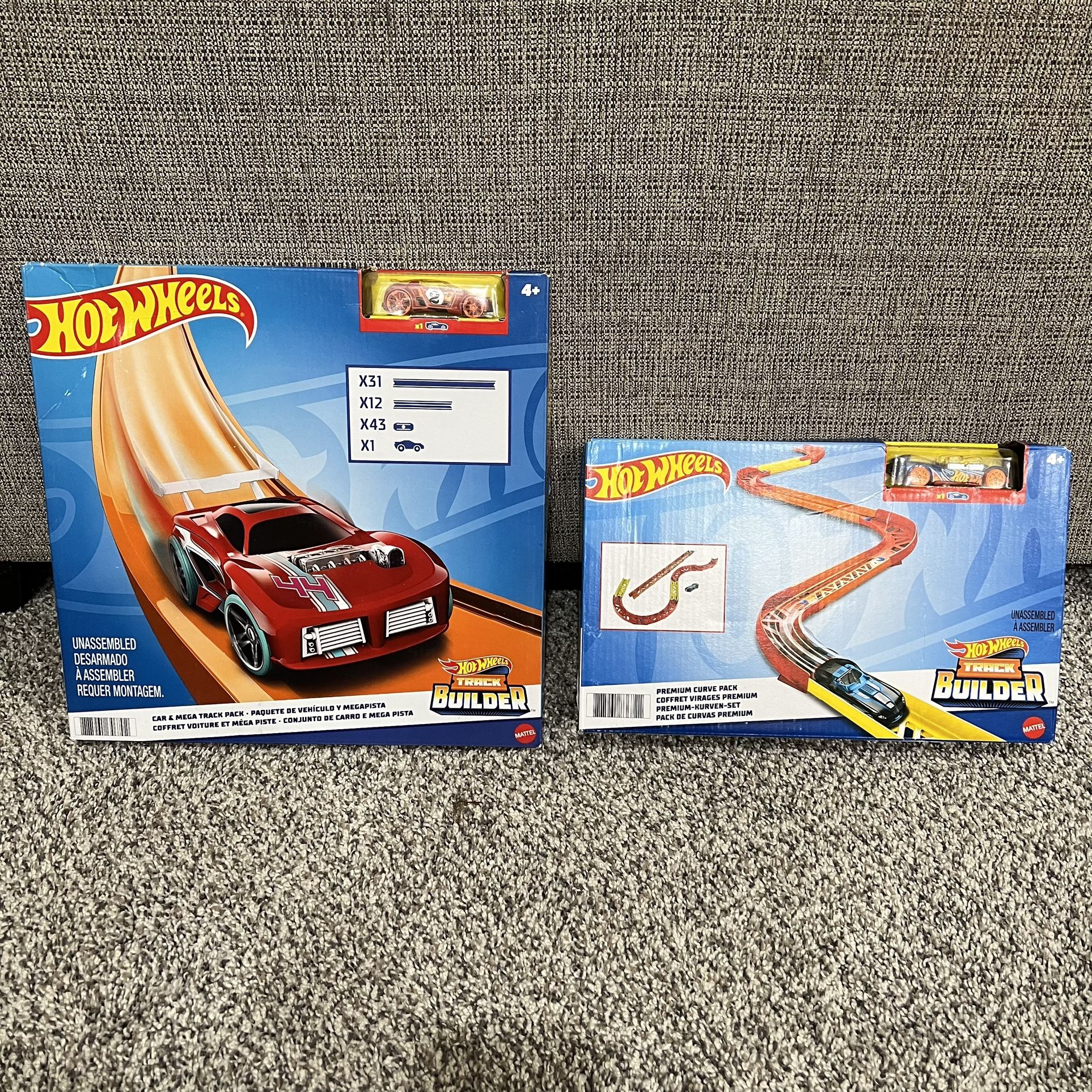 New, Hot Wheels Car & Mega Track Pack AND Premium Curve Pack Track Builder Sets