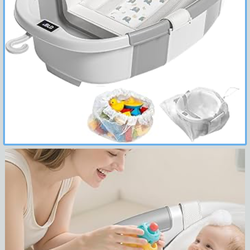 Collapsible Baby Bathtub, Baby Tubs for Newborns with Soft Cushion & Thermometer & Toy Organizer Mesh Bag, Infant Bathtub to Toddler 0-36 Months, Port