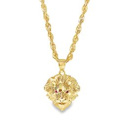 10k Yellow Gold Lion Pendant Necklace with Ruby Eyes