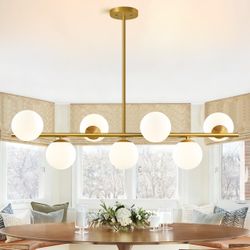 43.3" Modern Linear Chandeliers for Dining Room Pendant Light (7-Light, 43.3-Inch), Gold Dining Room Light Fixture Over Table with Bubble Globe, Mid C