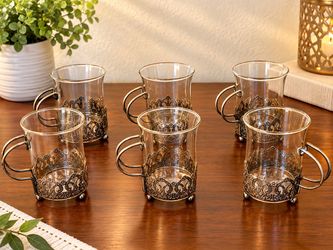 Set of 6 Turkish Tea Glasses with Decorative Metal Holders