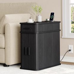 Modern Black Fluted End Table w/ Drawer & Charging Ports