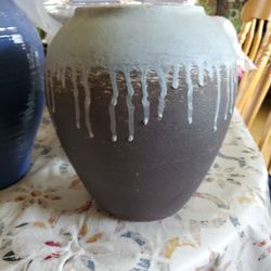 Brown With Light Blue Drips Flower Pot