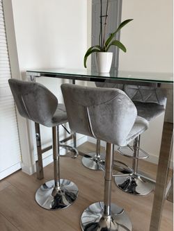Modern Glass Top Dining Table Set with 4 Adjustable Velvet Bar Stools