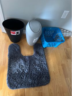 Bath mat, 2 trash cans, and a basket, all for $10