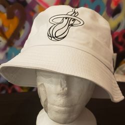 New! Miami Heat White BUCKET HAT NBA Basketball Logo Cotton Round Unisex Cap Cotton Canvas