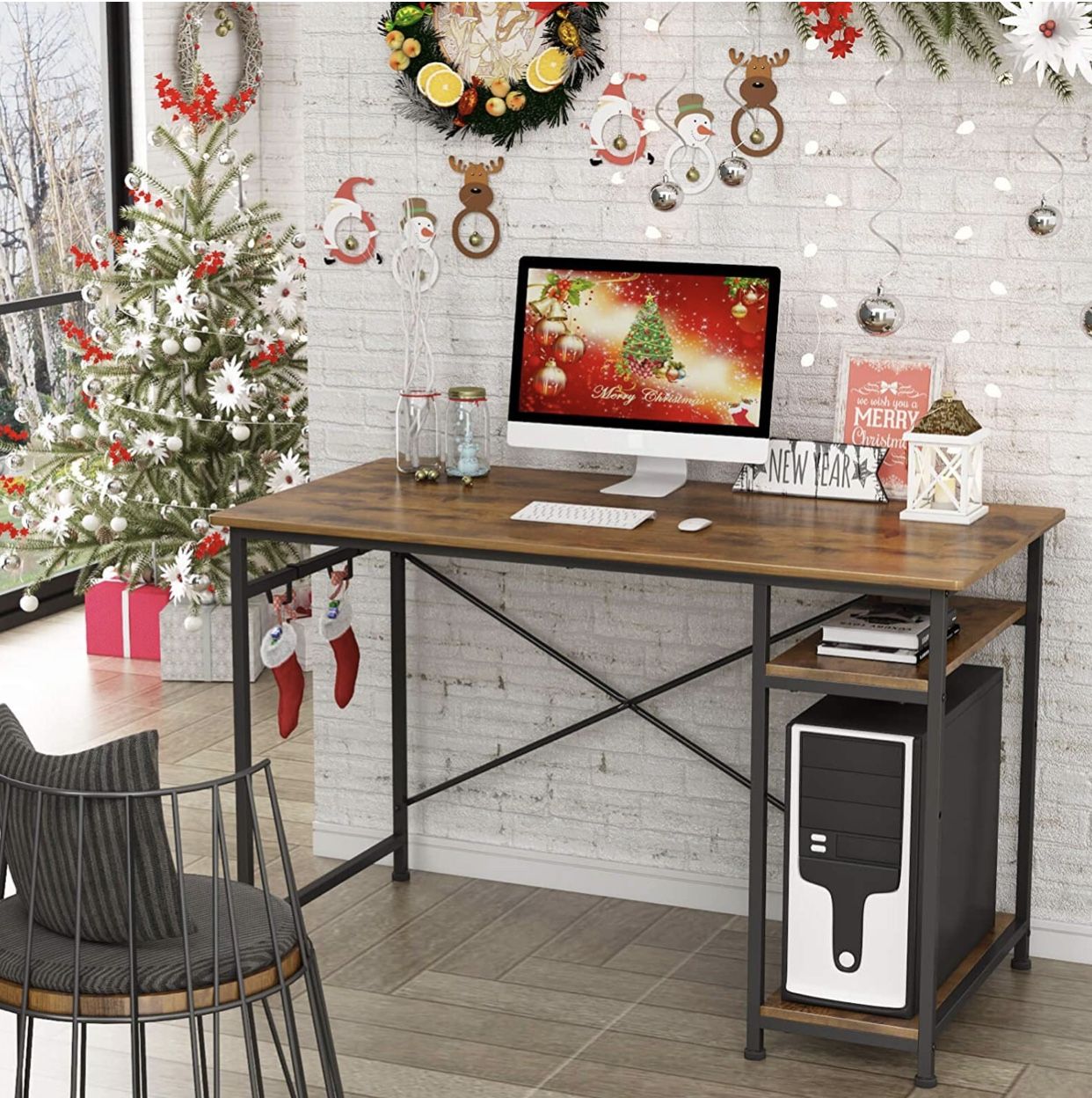 47” Home Office Study Desk with 2 Storage Shelves on Left or Right Side, Rustic Brown