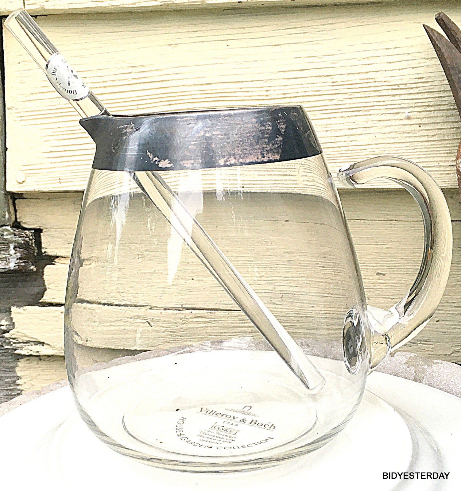 Dorothy thorpe signed sterling silver rimmed cocktail pitcher w/ original glass stirrer!