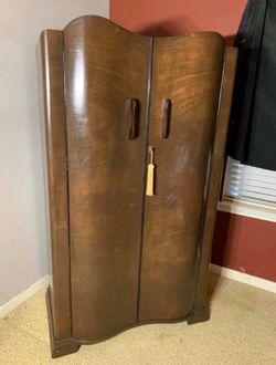 Vintage Upright Dresser Cabinet (38”W x 64”T x 21”D) Brown Wood Wardrobe Chest