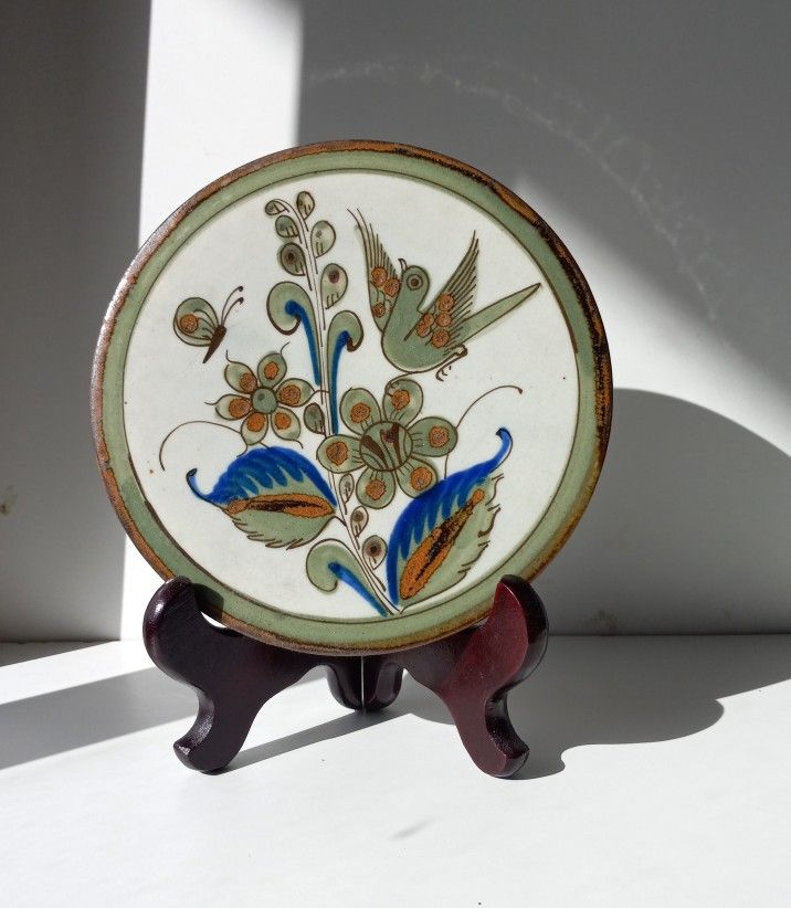 Rare Vintage Ken Edwards Pottery Bird Butterfly Flowers Pottery Trivet/ Kitchen/ House decor Dish