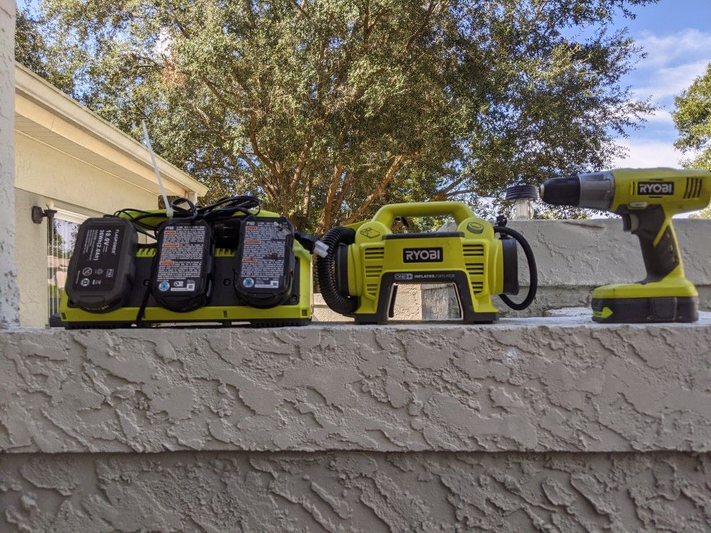 Ryobi Cordless Drill,  Air Compressor and Drill Bits