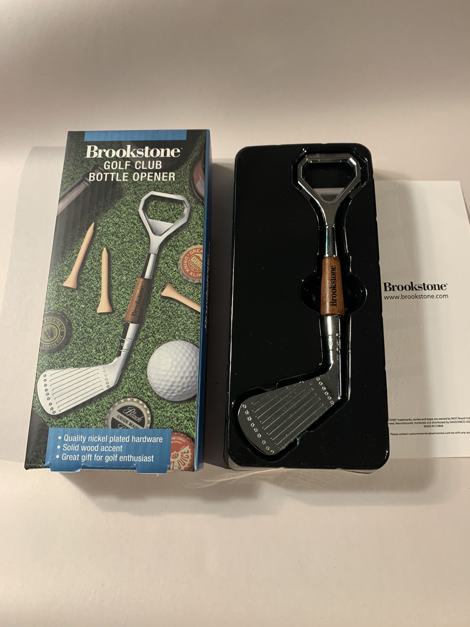 New in Box Brookstone Golf Club Bottle Opener Nickel Plated