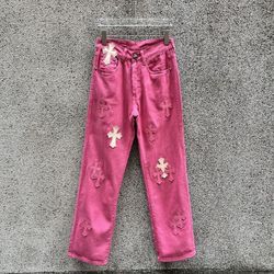 Chrome Hearts patch leather cross Barbie pink men's and women's loose straight denim trousers trendy 32