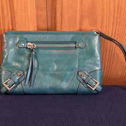 Michael Kors Large Fallon Zip Clutch Wristlet Aqua Turquoise Aquamarine Leather