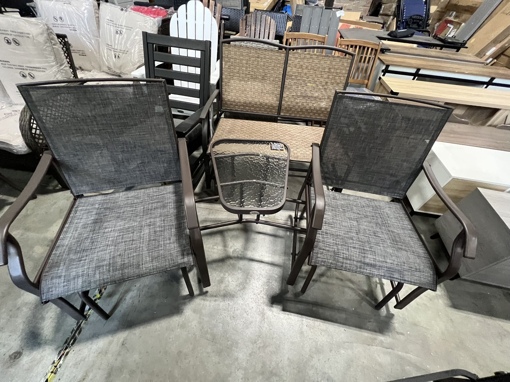 Outdoor Glider Chairs with Coffee Table, Patio 2-Seat Rocking Chair Swing Loveseat with Breathable Sling for Backyard, Garden, and Porch, Gray