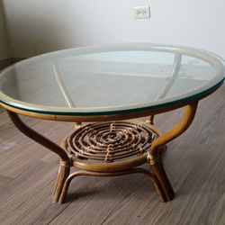Retro glass coffee table with wicker