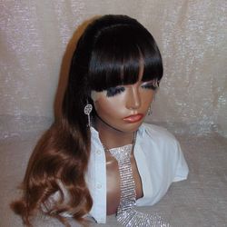 20 Inch Human Hair Ombre Lace Front Wig Ombre Black/Honey Brown With Bangs