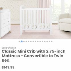 New MINI crib with mattress / White Mini Convertible Crib