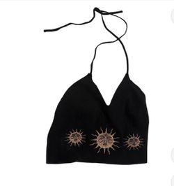 Women’s Black Halter Top, Sun Design, Size Medium 
