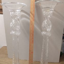 TWO TALL GLASS CANDLE HOLDERS