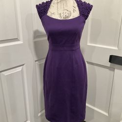 LONDON TIMES PURPLE SHEATH DRESS WITH RUFFLED CAP SLEEVES