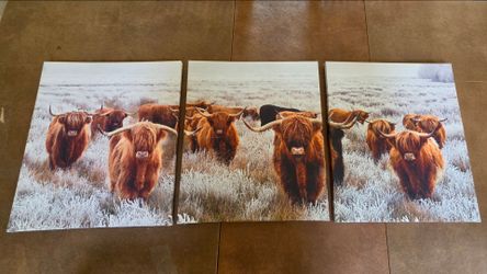 3 panel canvas portrait painting Big Horns cows bulls art