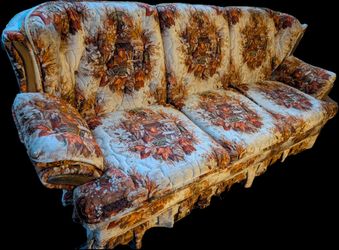 Vintage 1970s Floral Tapestry 3-Seat Sofa – Earth Tones & Wood Accent