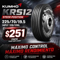 225//70//19.5 KUMHO KRS12 14PLY 128/126L ***STEER POSITION*** $251 Each cash and carry
