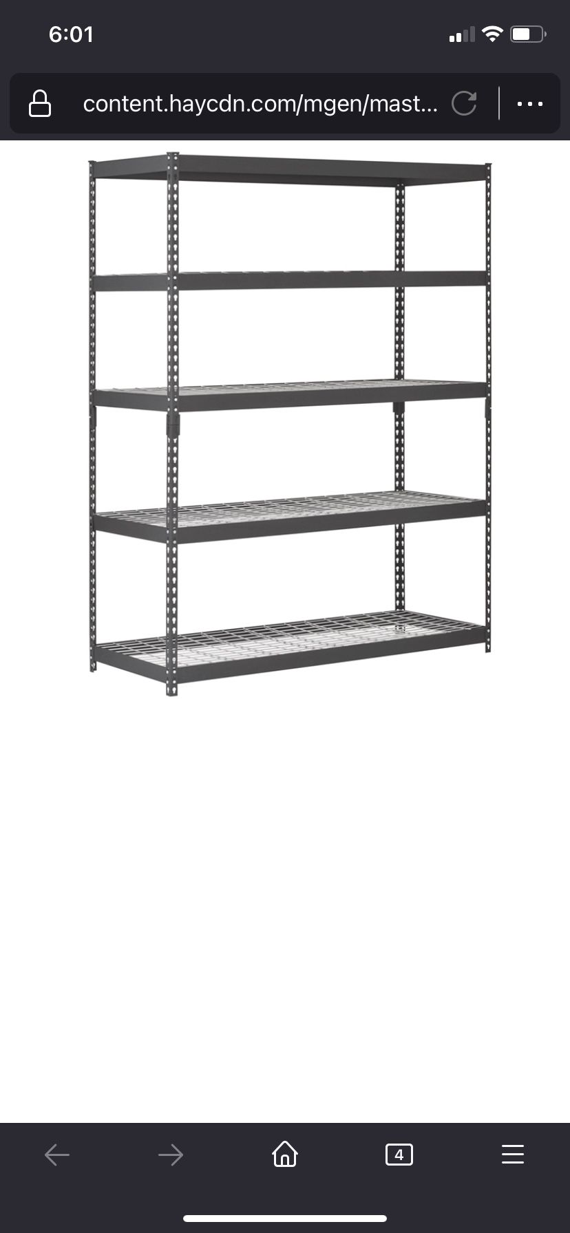 edsal UR1848AZ-BLK Steel Storage Rack, 5 Adjustable Shelves with Post Couplers and Plastic End Caps, 4000 lb. Capacity, 72" Height x 48" Width x 18" D