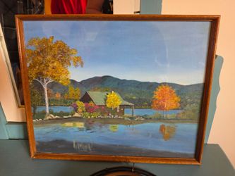 Autumn Cabin on Lake Vintage Gouache Landscape Painting
By Helen Davidson