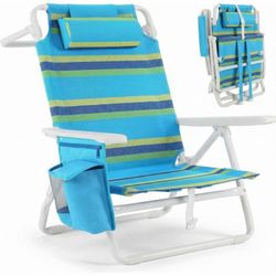 Blue Striped Beach Chair - Reclining, Lay Flat