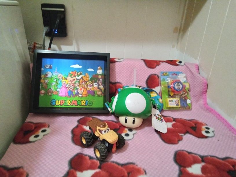 Mario Bros Plushies Backpack Picture Frames And Plastic Toy Lot 