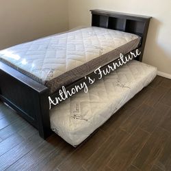 Solid Wood Twin Bed & Twin Rollout Mattress 