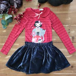 4T-6 2-PIECE OUTFIT RED STRIPED CUTE CIRCUS LIGHTWEIGHT LONG-SLEEVE W/VELOUR MIDNIGHT BLUE SKIRT