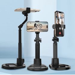 Cell Phone Stand for Desk,360° Rotating Adjustable Angle Height Phone Holder with Stable Metal Base Anti-Slip Recording Chat Tilting Stand Retractable