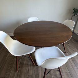 Mid Century Modern Round Dining Table + 4 White Chairs – Walnut & Gold Base
