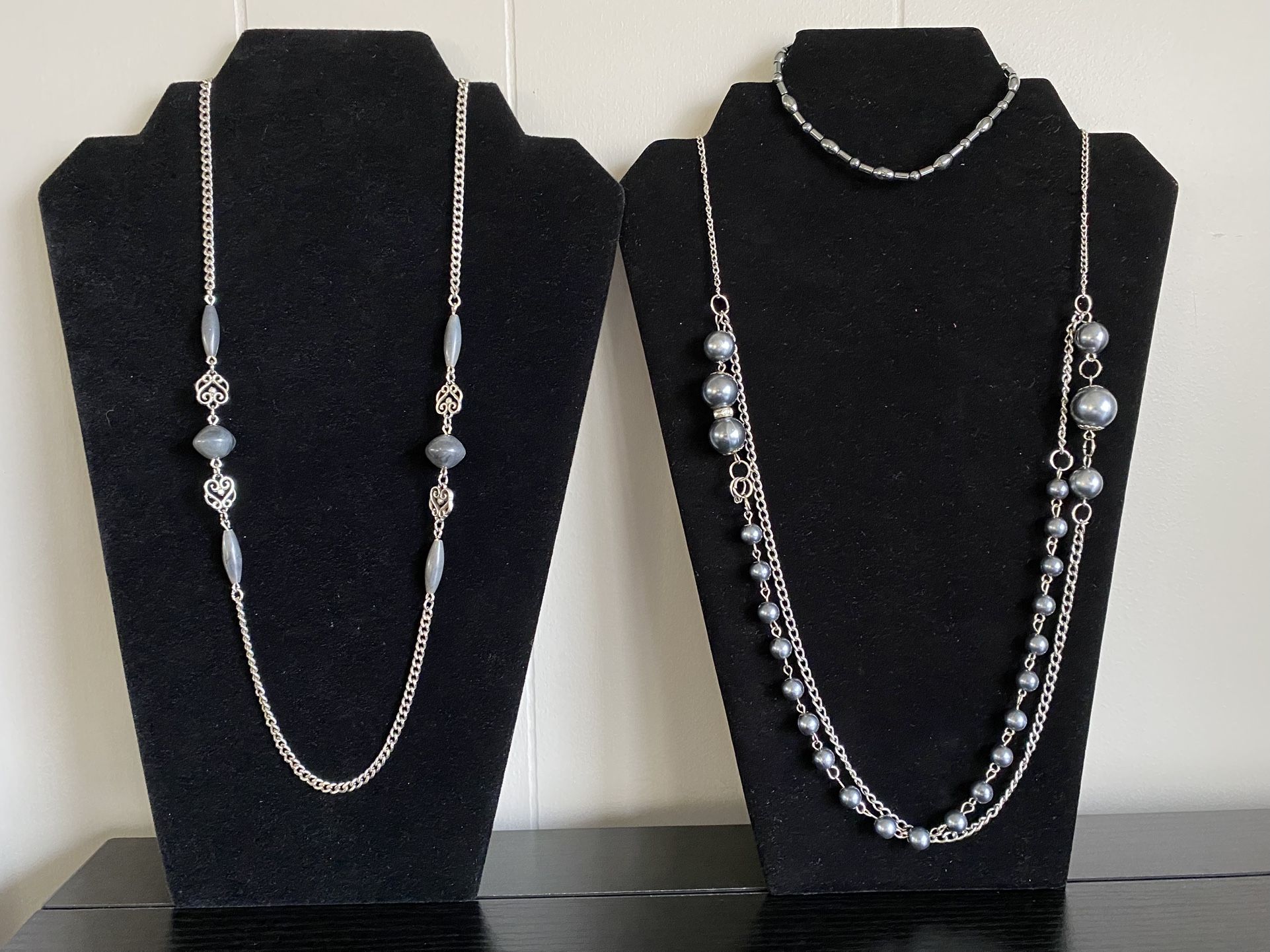 2 Grey and Silver necklaces and one Bracelet